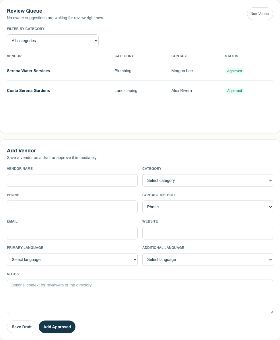 Private Vendor Directory — Admin desktop