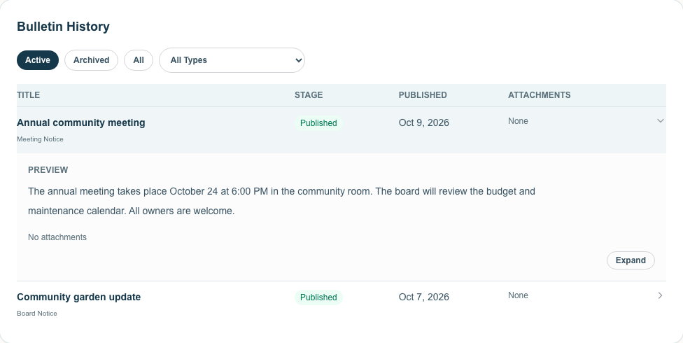 Official Bulletin for HOA Notices — Owner desktop