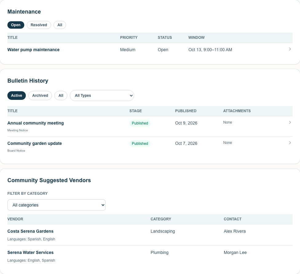 A simple owner portal for notices, documents, vendors, and updates — Owner desktop