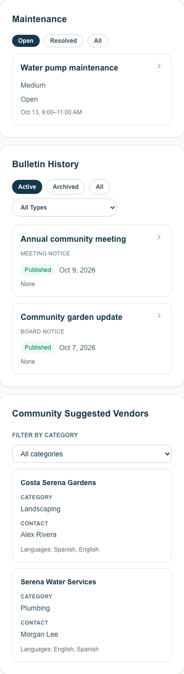 A simple owner portal for notices, documents, vendors, and updates — Phone